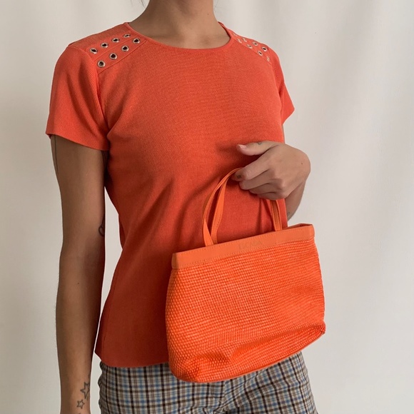 Escada Tropical Punch Orange Woven Small Handbag Mini Tote - Picture 1 of 12